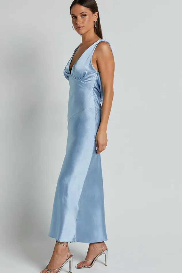 Brienne Midi Dress 8211 Plunge Cowl Back Satin Dress In Blue Women Showpo Curve Clothes