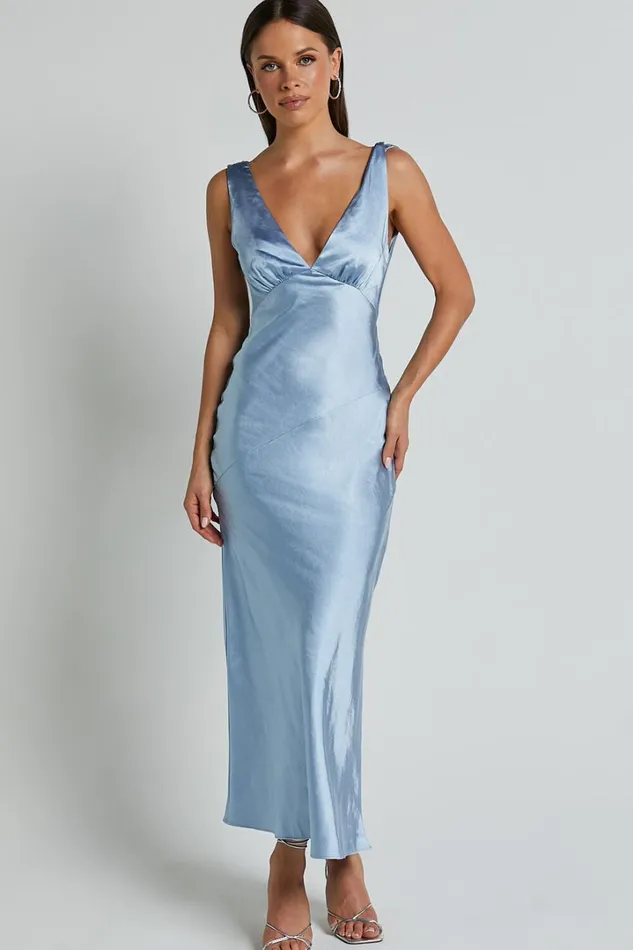 Brienne Midi Dress 8211 Plunge Cowl Back Satin Dress In Blue Women Showpo Curve Clothes