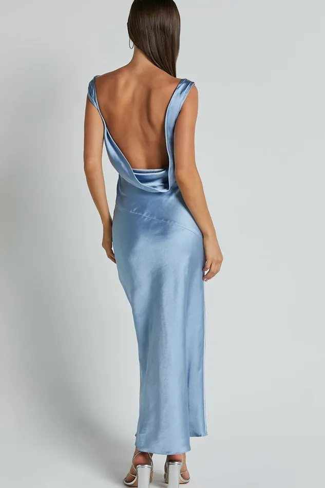Brienne Midi Dress 8211 Plunge Cowl Back Satin Dress In Blue Women Showpo Curve Clothes