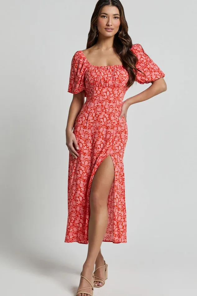Caitlin Midi Dress 8211 Puff Sleeve Thigh Split Dress In Orange Women Showpo Dresses