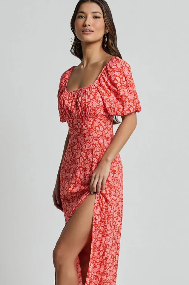 Caitlin Midi Dress 8211 Puff Sleeve Thigh Split Dress In Orange Women Showpo Dresses