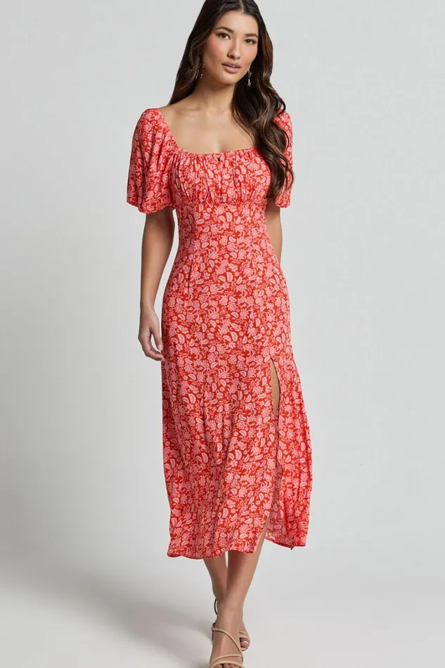 Caitlin Midi Dress 8211 Puff Sleeve Thigh Split Dress In Orange Women Showpo Dresses