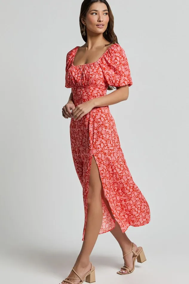Caitlin Midi Dress 8211 Puff Sleeve Thigh Split Dress In Orange Women Showpo Dresses