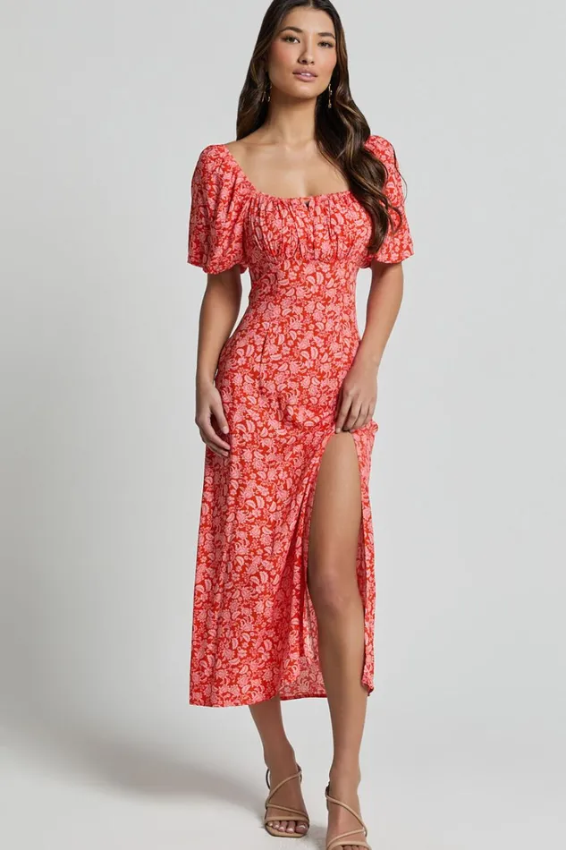 Caitlin Midi Dress 8211 Puff Sleeve Thigh Split Dress In Orange Women Showpo Dresses