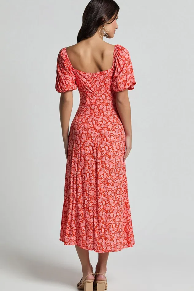 Caitlin Midi Dress 8211 Puff Sleeve Thigh Split Dress In Orange Women Showpo Dresses