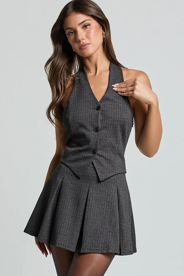 Camille Mini Dress 8211 Halter Neck Vest And Pleated Skirt Mini Dress In Charcoal Pinstripe Women Showpo Dresses Camille Mini Dress 8211 Halter Neck Vest And Pleated Skirt Mini Dress In Charcoal Pinstripe Women Showpo Dresses