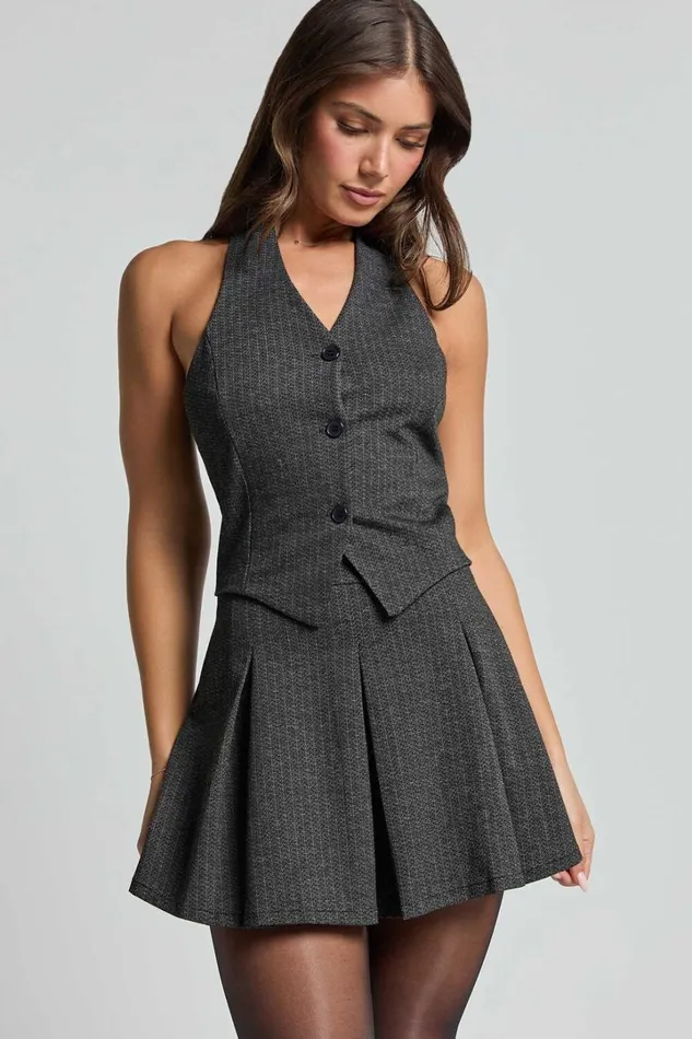 Camille Mini Dress 8211 Halter Neck Vest And Pleated Skirt Mini Dress In Charcoal Pinstripe Women Showpo Dresses