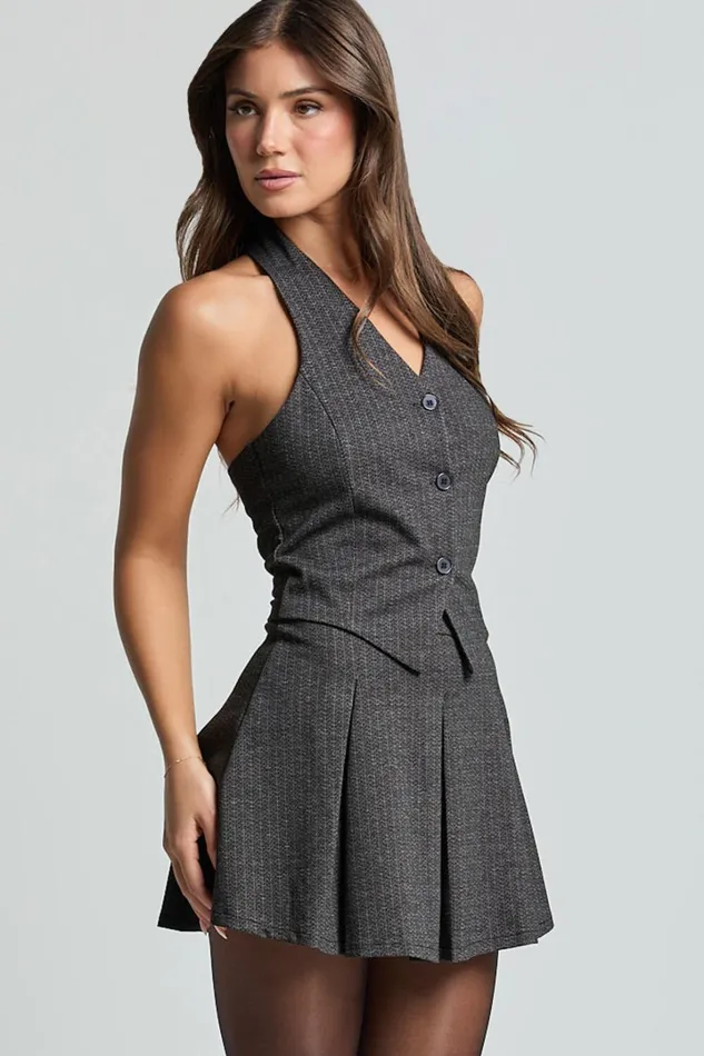 Camille Mini Dress 8211 Halter Neck Vest And Pleated Skirt Mini Dress In Charcoal Pinstripe Women Showpo Dresses