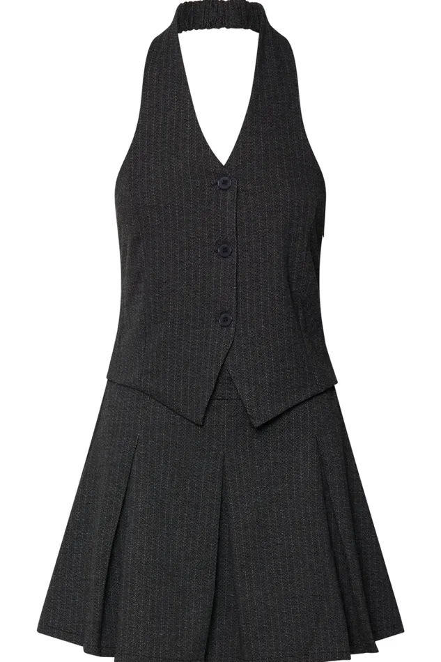 Camille Mini Dress 8211 Halter Neck Vest And Pleated Skirt Mini Dress In Charcoal Pinstripe Women Showpo Dresses