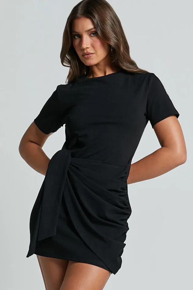 Candace Mini Dress 8211 Faux Wrap Shift Dress In Black Women Showpo Basics