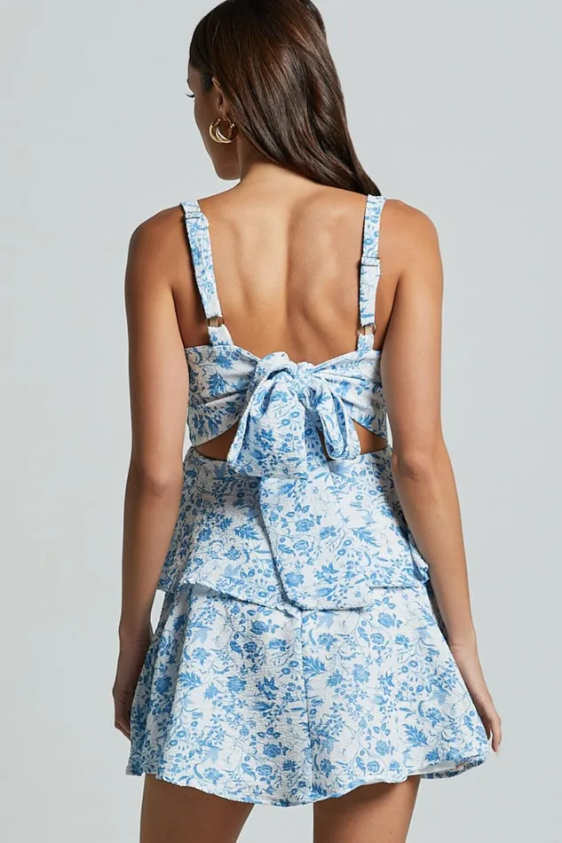 Cassia Mini Dress 8211 Ruched Bust Sleeveless Layered Dress In Blue And White Print Women Showpo Dresses