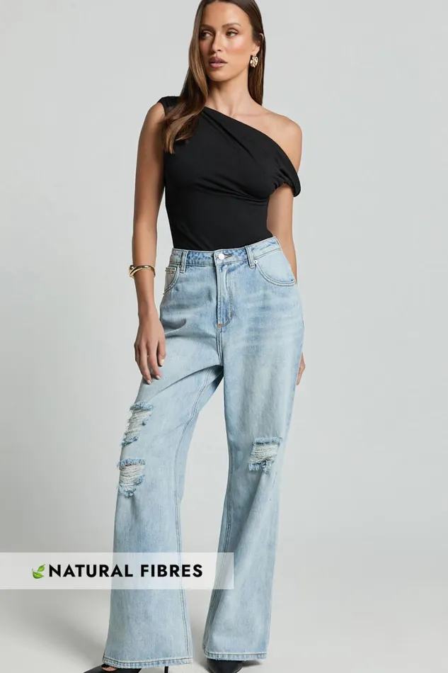 Cate Jeans 8211 High Waist Ripped Wide Leg Recycled Denim Jeans In Light Blue Wash Women Showpo Conscious Cate Jeans 8211 High Waist Ripped Wide Leg Recycled Denim Jeans In Light Blue Wash Women Showpo Conscious