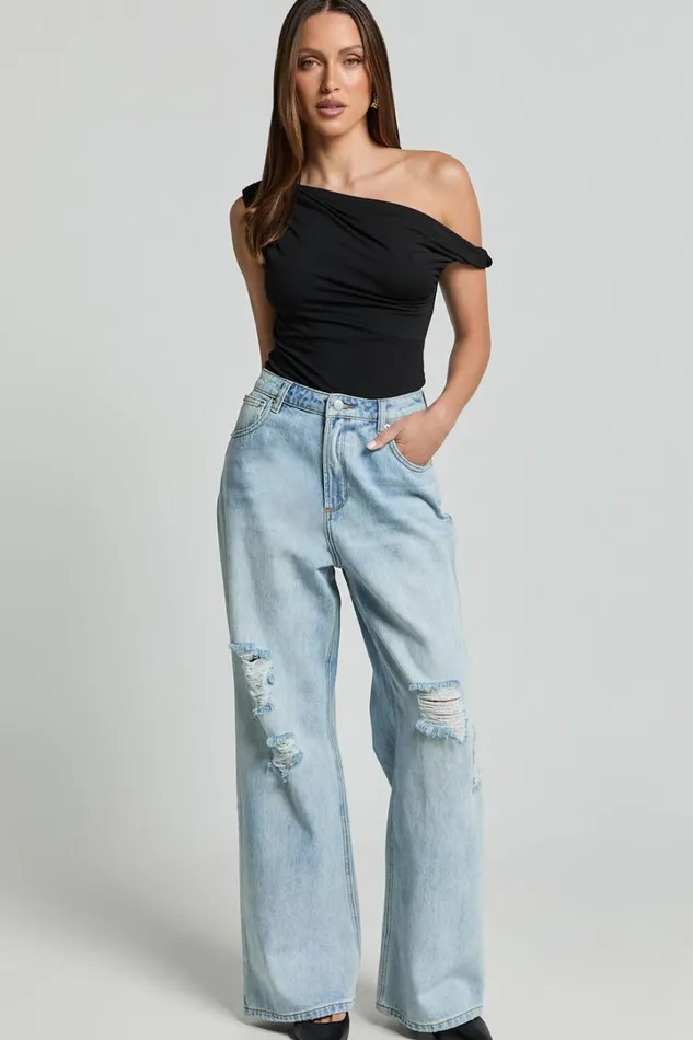 Cate Jeans 8211 High Waist Ripped Wide Leg Recycled Denim Jeans In Light Blue Wash Women Showpo Conscious