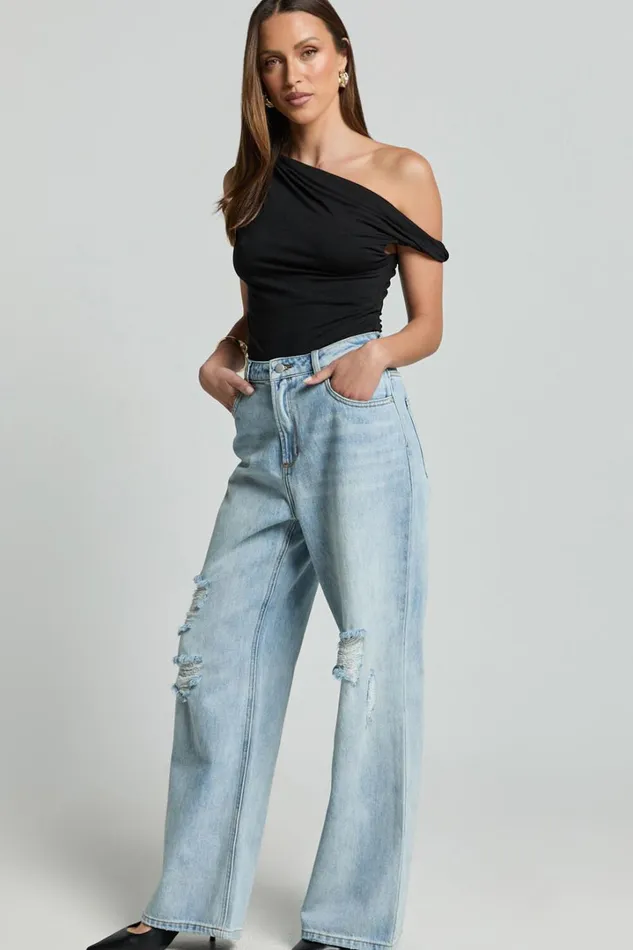 Cate Jeans 8211 High Waist Ripped Wide Leg Recycled Denim Jeans In Light Blue Wash Women Showpo Conscious