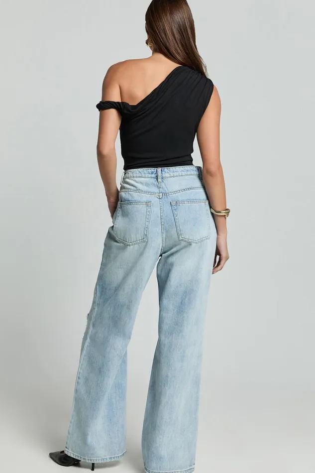 Cate Jeans 8211 High Waist Ripped Wide Leg Recycled Denim Jeans In Light Blue Wash Women Showpo Conscious