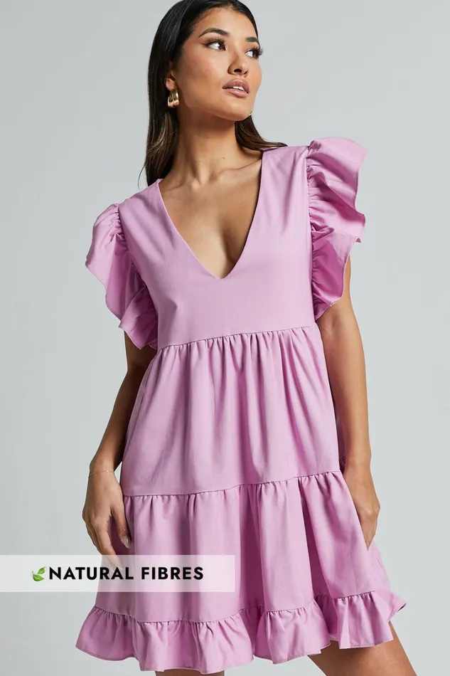 Cayenne Mini Dress 8211 Linen Look V Neck Short Flutter Sleeve Tiered Dress In Pink Women Showpo Dresses Cayenne Mini Dress 8211 Linen Look V Neck Short Flutter Sleeve Tiered Dress In Pink Women Showpo Dresses