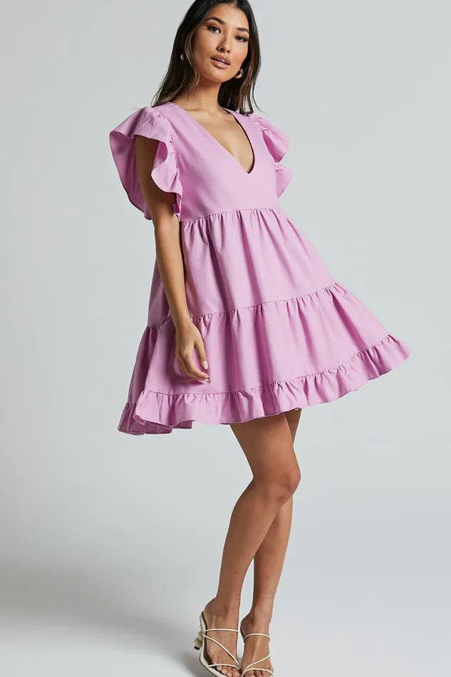Cayenne Mini Dress 8211 Linen Look V Neck Short Flutter Sleeve Tiered Dress In Pink Women Showpo Dresses