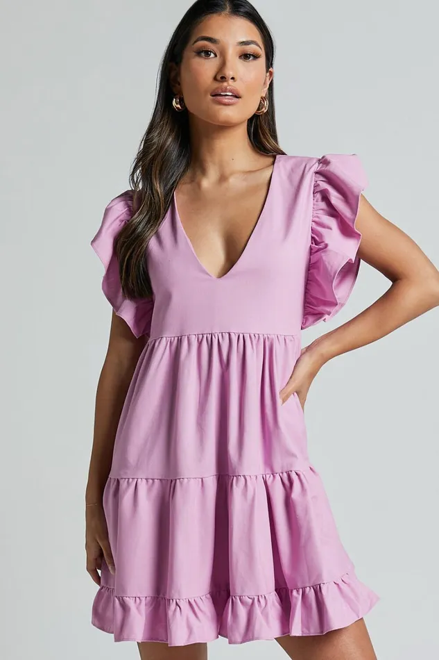 Cayenne Mini Dress 8211 Linen Look V Neck Short Flutter Sleeve Tiered Dress In Pink Women Showpo Dresses