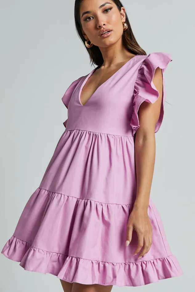 Cayenne Mini Dress 8211 Linen Look V Neck Short Flutter Sleeve Tiered Dress In Pink Women Showpo Dresses