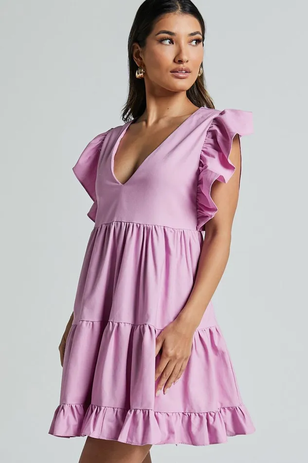 Cayenne Mini Dress 8211 Linen Look V Neck Short Flutter Sleeve Tiered Dress In Pink Women Showpo Dresses