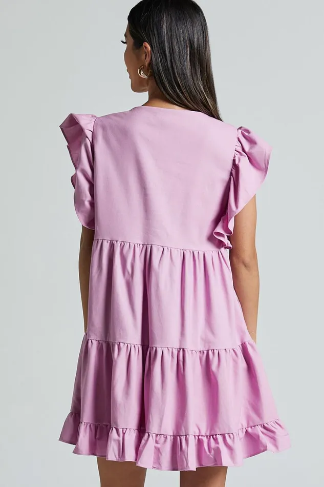 Cayenne Mini Dress 8211 Linen Look V Neck Short Flutter Sleeve Tiered Dress In Pink Women Showpo Dresses