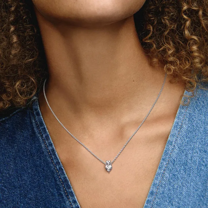 Chain Necklaces Women Pandora Double Heart Pendant Sparkling Collier Necklace Sterling Silver