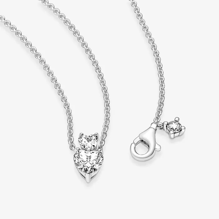 Chain Necklaces Women Pandora Double Heart Pendant Sparkling Collier Necklace Sterling Silver