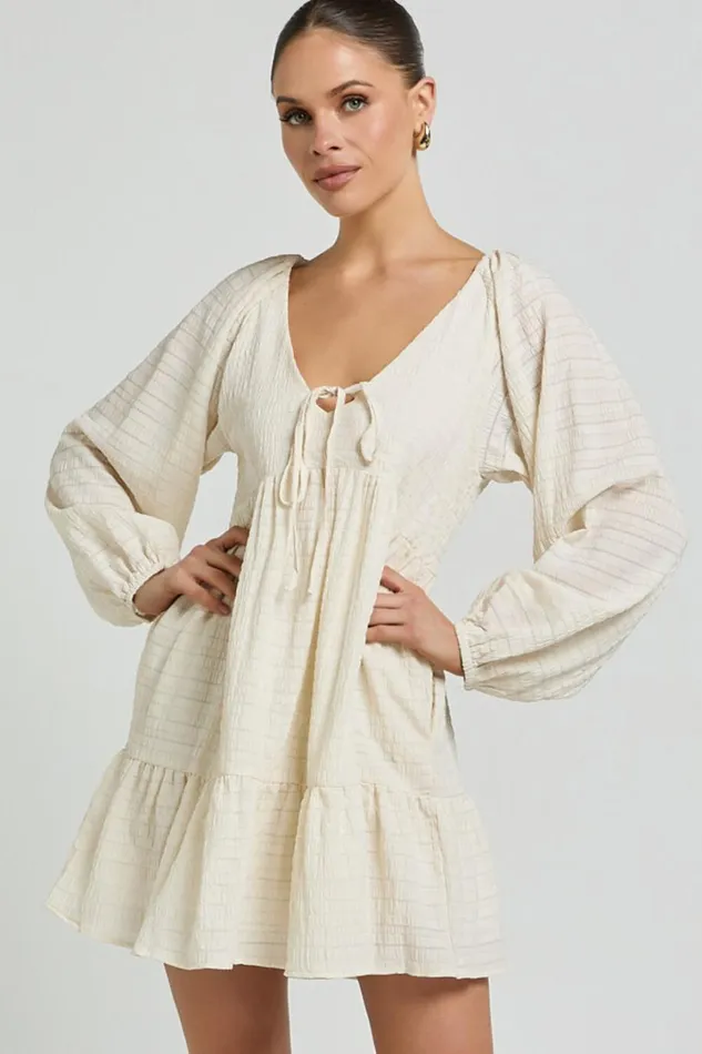 Chaney Mini Dress 8211 Long Sleeve Tie Front Smock Dress In Ivory Women Showpo Dresses