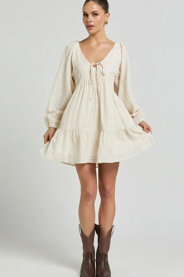 Chaney Mini Dress 8211 Long Sleeve Tie Front Smock Dress In Ivory Women Showpo Dresses