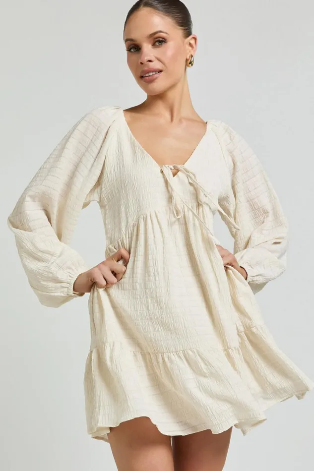 Chaney Mini Dress 8211 Long Sleeve Tie Front Smock Dress In Ivory Women Showpo Dresses