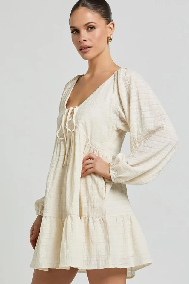 Chaney Mini Dress 8211 Long Sleeve Tie Front Smock Dress In Ivory Women Showpo Dresses