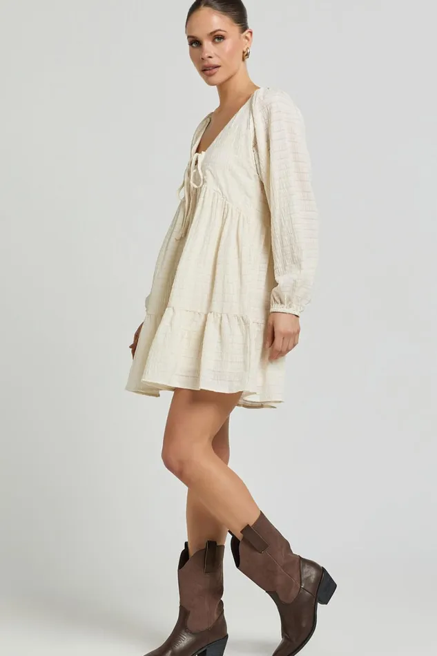 Chaney Mini Dress 8211 Long Sleeve Tie Front Smock Dress In Ivory Women Showpo Dresses