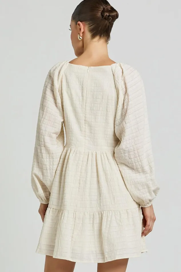 Chaney Mini Dress 8211 Long Sleeve Tie Front Smock Dress In Ivory Women Showpo Dresses
