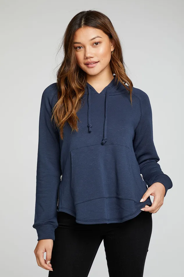 Chaser Brand Outerwear Womens Slub French Terry Long Sleeve Zip Side Shirttail Pullover Hoodie