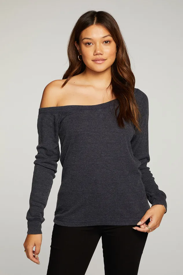 Chaser Brand Triblend Rib Long Sleeve Off Shoulder Raglan Tee Womens Loungewear