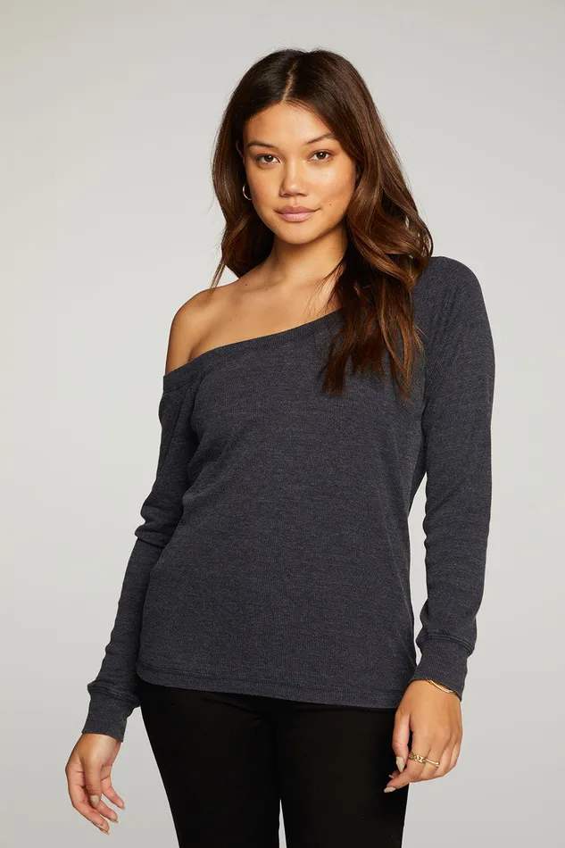Chaser Brand Triblend Rib Long Sleeve Off Shoulder Raglan Tee Womens Loungewear