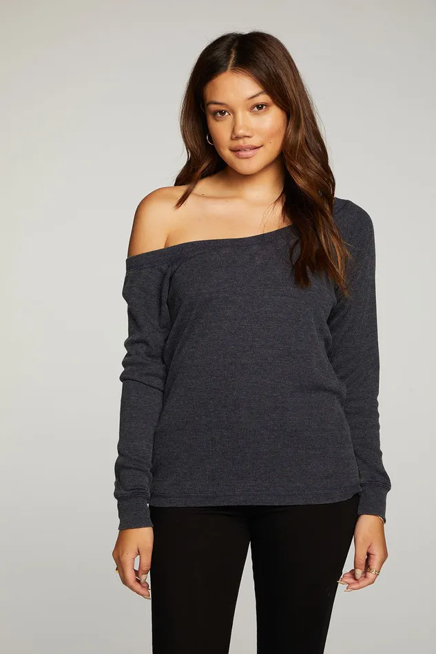 Chaser Brand Triblend Rib Long Sleeve Off Shoulder Raglan Tee Womens Loungewear