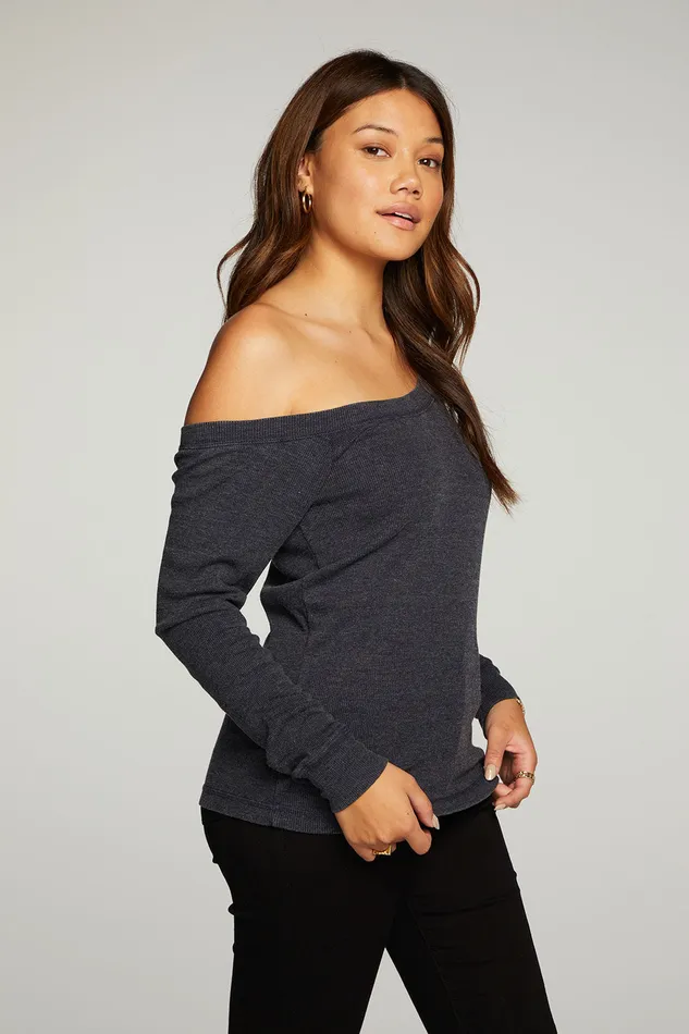 Chaser Brand Triblend Rib Long Sleeve Off Shoulder Raglan Tee Womens Loungewear