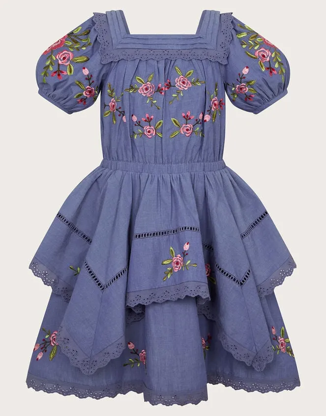 Children Boutique Embroidered Pin Tuck Dress Blue Monsoon Dresses