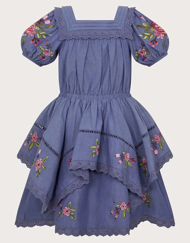 Children Boutique Embroidered Pin Tuck Dress Blue Monsoon Dresses