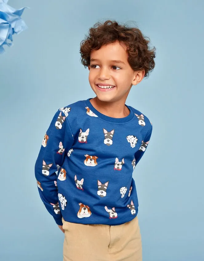 Children Dog Print Sweatshirt Blue Monsoon Knitwear Jumpers and Hoodies