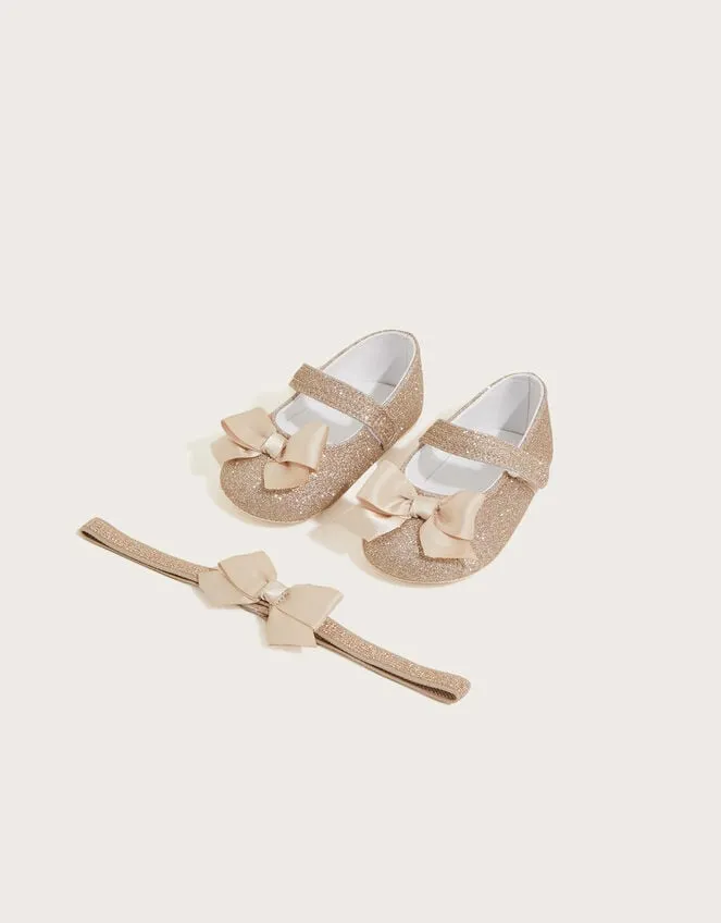 Children Glitter Bow Bando And Booties Gold Monsoon Partywear