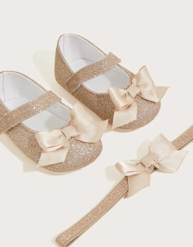 Children Glitter Bow Bando And Booties Gold Monsoon Partywear