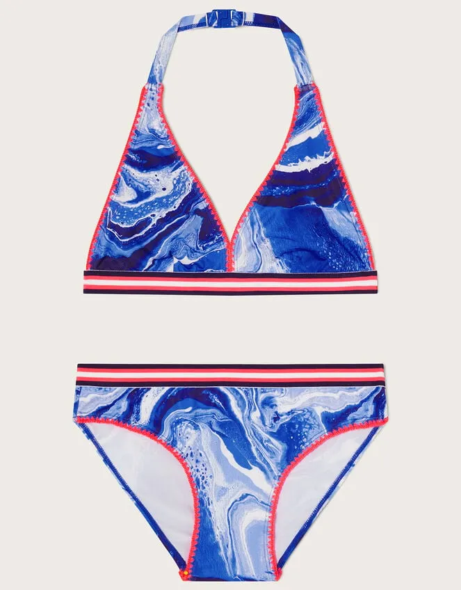 Children Marble Trim Triangle Bikini Blue Monsoon Beachwear and Swimwear