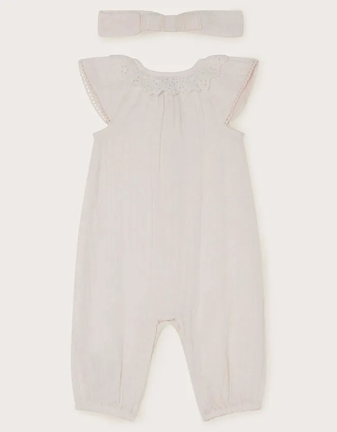 Children Newborn Dobby Crochet Romper And Headband Ivory Monsoon Outfits and Rompers