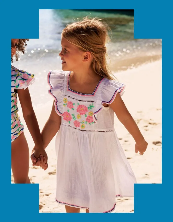 Children Sunuva Floral Stitch Dress White Monsoon Beachwear and Swimwear