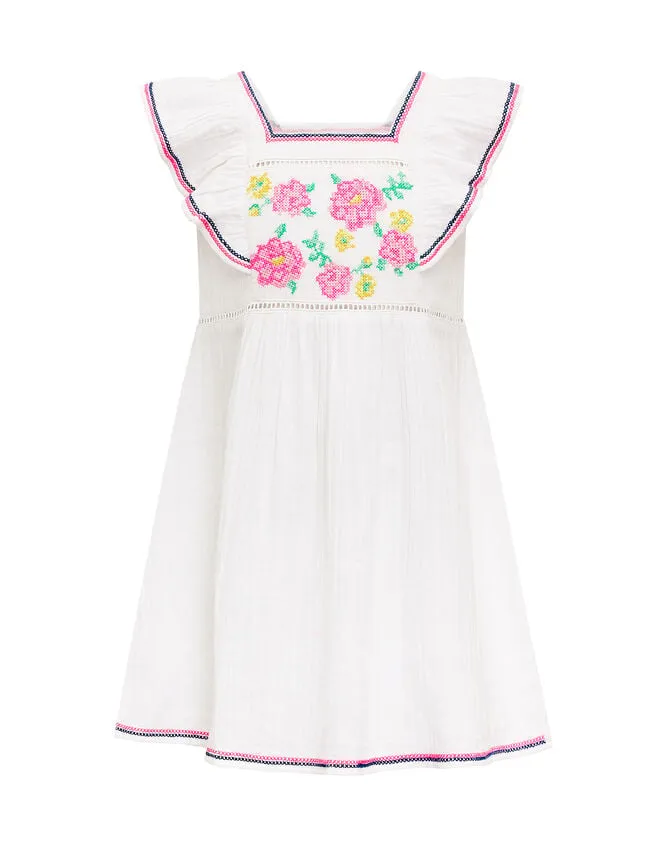 Children Sunuva Floral Stitch Dress White Monsoon Beachwear and Swimwear
