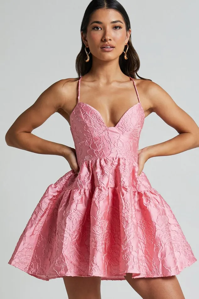 Clare Mini Dress 8211 Bust Panel Jacqauard Full Skirt Dress In Pink Women Showpo Dresses