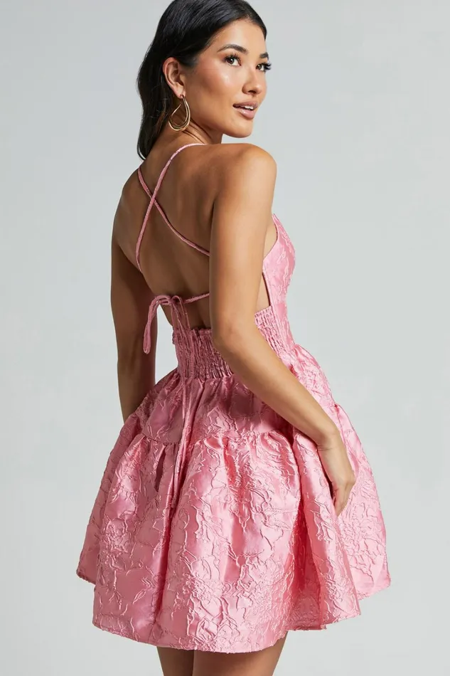Clare Mini Dress 8211 Bust Panel Jacqauard Full Skirt Dress In Pink Women Showpo Dresses