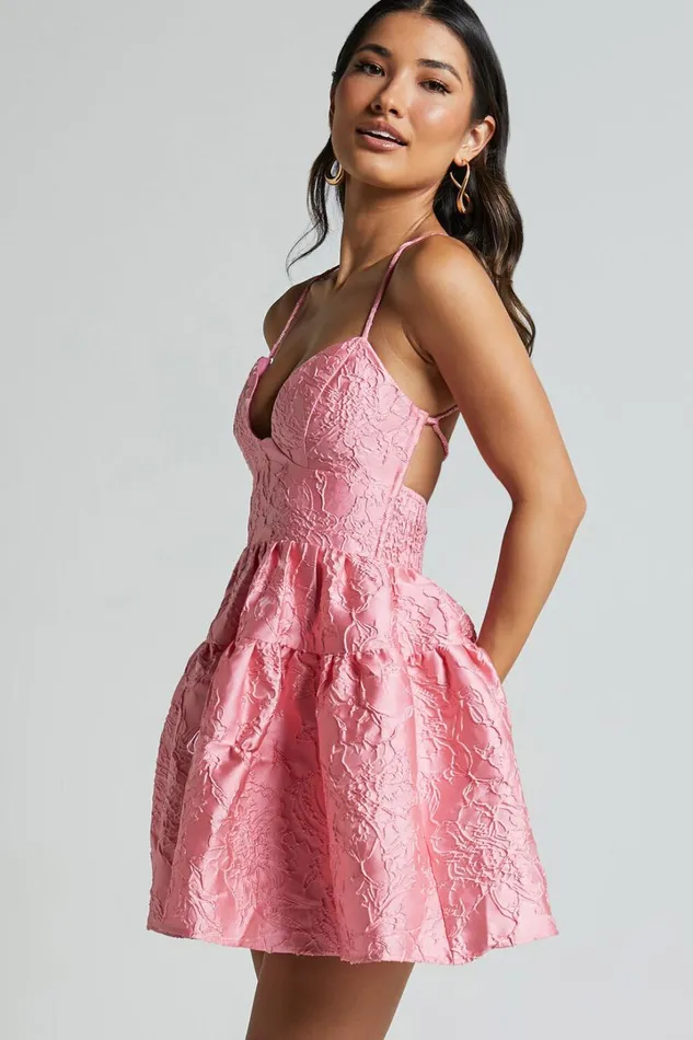 Clare Mini Dress 8211 Bust Panel Jacqauard Full Skirt Dress In Pink Women Showpo Dresses